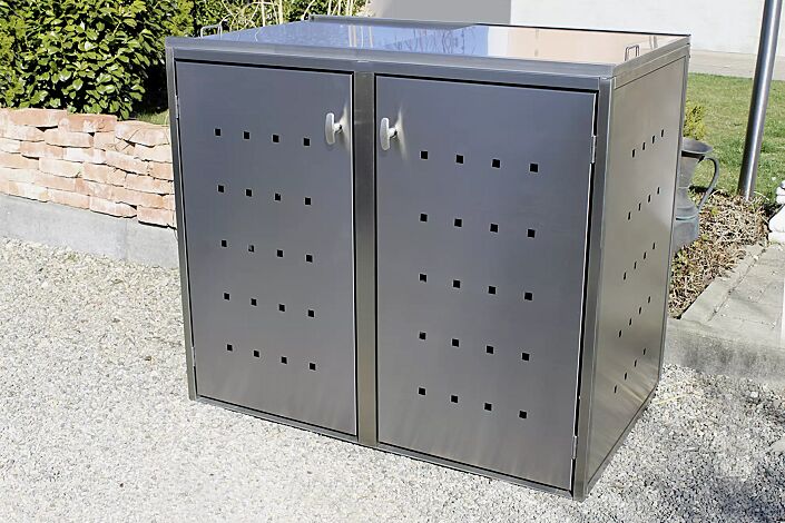Müllbehälter-Doppelschrank FAIRBANKS, mit Schiebedach, komplett aus Edelstahl