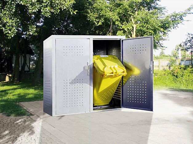 Müllbehälter-Doppelschrank FLEET, in RAL 9006 weißaluminium, Türen mit fester Griffplatte außen und drehbarem Knauf innen