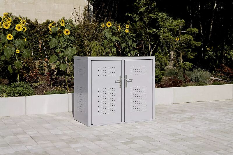 muellbehaelterschrank-fleet__shoKAT0023791 Müllbehälter-Doppelschrank FLEET, in RAL 9006 weißaluminium, Türen mit Türdrücker außen und innen