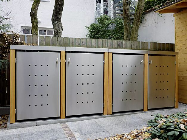 2x Müllbehälter-Doppelschrank FONTANA, Türen und Dach aus Edelstahl, Pfosten, Rück- und Seitenwandelemente aus Lärchenholz