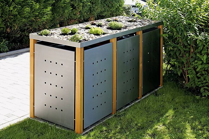 Müllbehälter-Dreifachschrank GARLAND mit Pflanzdach, Türen, Dach, Rück- und Seitenwandelemente aus Edelstahl, Pfosten in Lärchenholz