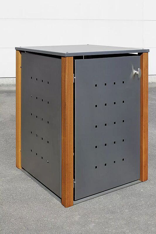 muellbehaelterschrank-garland__shoKAT0039389 Müllbehälter-Einzelschrank GARLAND mit Flachdach, Türen, Dach, Rück- / Seitenwandelemente aus Edelstahl, Pfosten in Lärchenholz