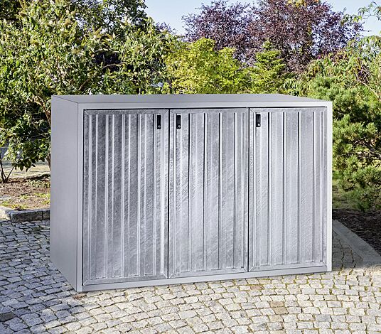 <div id="container" class="container">Müllbehälterschrank KENORA, Dreifachschrank, Korpus Sichtbeton glatt, Türblatt feuerverzinkt in Trapezprofil</div>