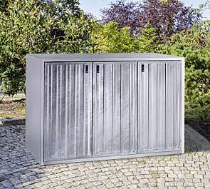 <div id="container" class="container">Müllbehälterschrank KENORA, Dreifachschrank, Korpus Sichtbeton glatt, Türblatt feuerverzinkt in Trapezprofil</div>