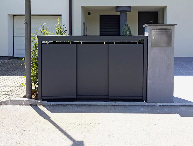 Müllbehälter-Dreifachschrank STYLEOUT® BLANK mit Pflanzdach, Aluminiumkonstruktion in RAL 7016 anthrazitgrau