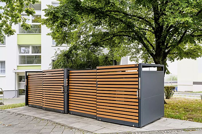 Müllbehälter-Doppelschrank STYLEOUT® LINIS 1100, 2 Stück, Tür-Lamellen in Holzdekor Douglasie, Dach in Aluminium eloxiert, Aluminiumkonstruktion in RAL 7016 anthrazitgrau