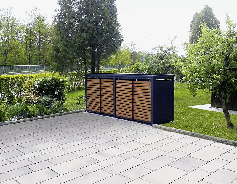 muellbehaelterschrank-styleout-linis__shoKAT0043228 Müllbehälter-Vierfachschrank STYLEOUT® LINIS mit Pflanzdach, Aluminiumkonstruktion in RAL 7016 anthrazitgrau, Schiebetüren in Holzdekor Kirschbaum hell
