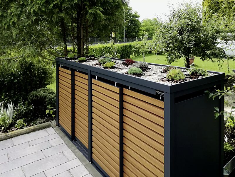muellbehaelterschrank-styleout-linis__shoKAT0051526 Müllbehälter-Vierfachschrank STYLEOUT® LINIS mit Pflanzdach, Aluminiumkonstruktion in RAL 7016 anthrazitgrau, Schiebetüren in Holzdekor Kirschbaum hell