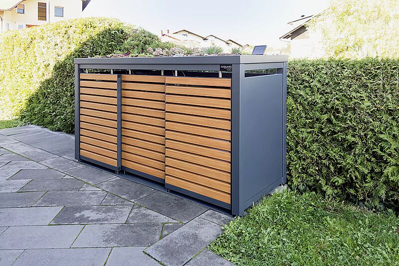 muellbehaelterschrank-styleout-linis__shoKAT0057046 Müllbehälter-Dreifachschrank STYELOUT® LINIS mit Pflanzdach, Aluminiumkonstruktion in RAL 7016 anthrazitgrau, Schiebetüren in Holzdekor Douglasie