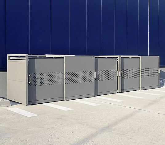 Müllbehälter-Doppel- und Dreifachschrank STYLEOUT® QUBIS 1100, Schiebetüren mit Quadratlochung, Aluminiumkonstruktion in RAL 9007 graualuminium