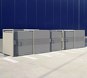 Müllbehälter-Doppel- und Dreifachschrank STYLEOUT® QUBIS 1100, Schiebetüren mit Quadratlochung, Aluminiumkonstruktion in RAL 9007 graualuminium