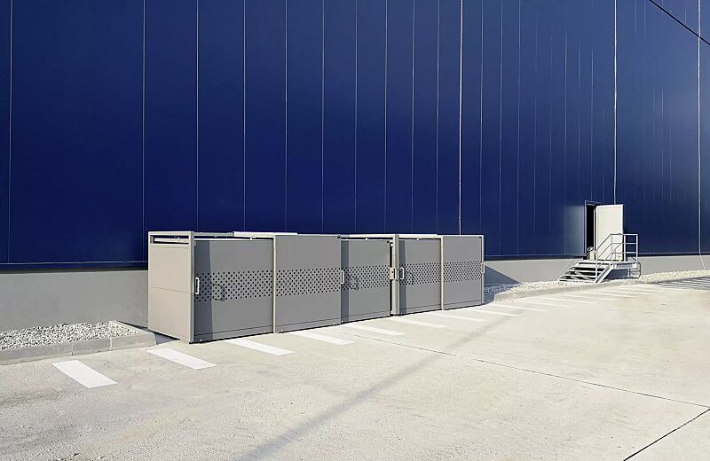 muellbehaelterschrank-styleout-qubis-1100__shoKAT0066560 Müllbehälter-Doppel- und Dreifachschrank STYLEOUT® QUBIS 1100, Schiebetüren mit Quadratlochung, Aluminiumkonstruktion in RAL 9007 graualuminium