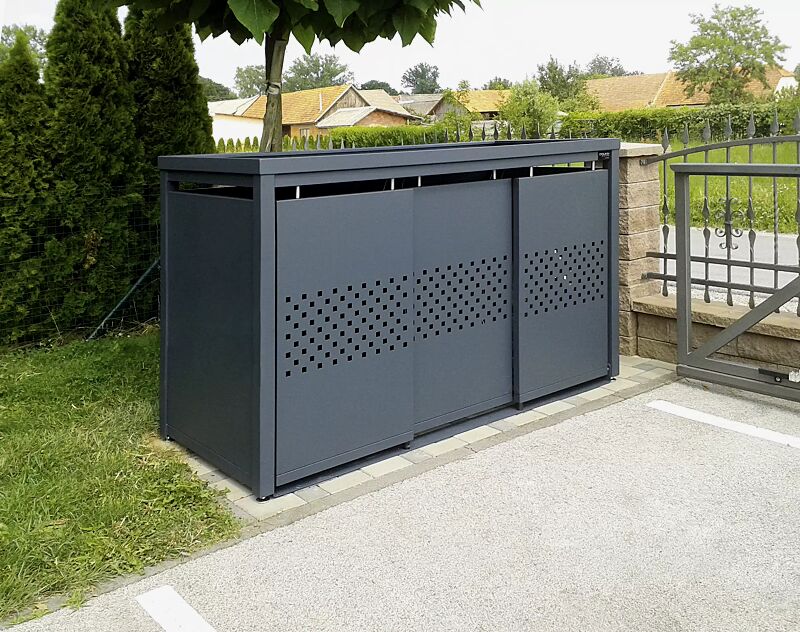 muellbehaelterschrank-styleout-qubis__shoKAT0056451 Müllbehälter-Dreifachschrank STYLEOUT® QUBIS mit Pflanzdach, Aluminiumkonstruktion in RAL 7016 anthrazitgrau