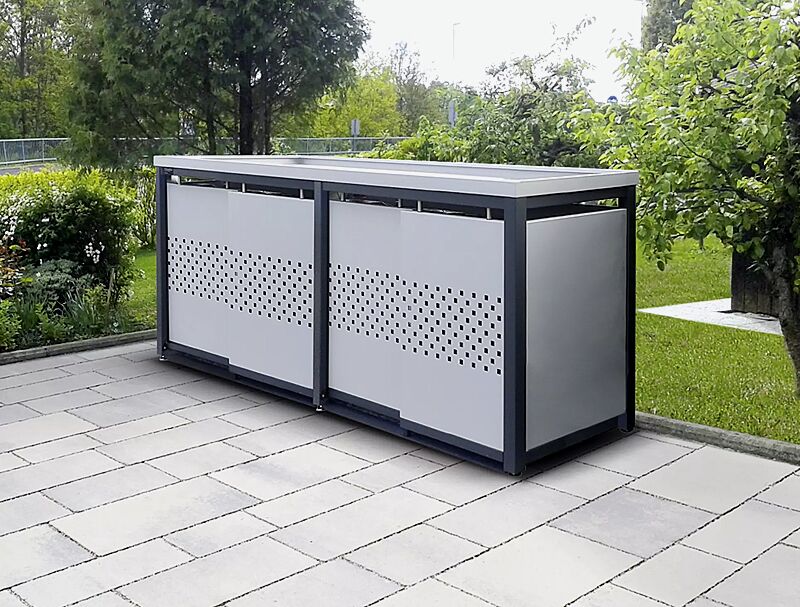 Müllbehälter-Vierfachschrank STYLEOUT® QUBIS mit Pflanzdach, Aluminiumkonstruktion in RAL 7016 anthrazitgrau, Dach, Schiebetüren, Rück- / Seitenwände in RAL 9006 weißaluminium