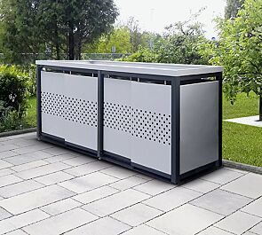 Müllbehälter-Vierfachschrank STYLEOUT® QUBIS mit Pflanzdach, Aluminiumkonstruktion in RAL 7016 anthrazitgrau, Dach, Schiebetüren, Rück- / Seitenwände in RAL 9006 weißaluminium