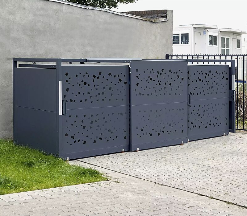 Müllbehälter-Dreifachschrank STYLEOUT® TOMO 1100, Schiebetüren mit Designlochung, Aluminiumkonstruktion in RAL 7016 anthrazitgrau