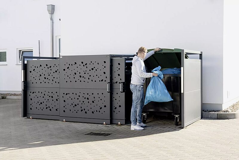 muellbehaelterschrank-styleout-tomo-1100__shoKAT0069799 Müllbehälter-Dreifachschrank STYLEOUT® TOMO 1100 für 4-Rad-Abfallgroßbehälter, Schiebetüren mit Designlochung, Aluminiumkonstruktion in RAL 7016 anthrazitgrau