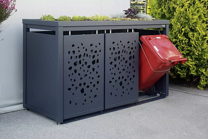 Müllbehälterschrank STYLEOUT® TOMO mit Pflanzdach, Dreifachschrank für Tonnengröße 120 l, mit Schiebetüren, Dachbegrünung (bauseits), Aluminiumkonstruktion in RAL 7016 anthrazitgrau