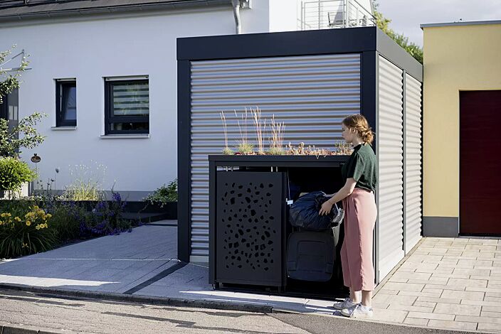 Müllbehälter-Doppelschrank STYLEOUT® TOMO mit Pflanzdach, Aluminiumkonstruktion in RAL 7016 anthrazitgrau