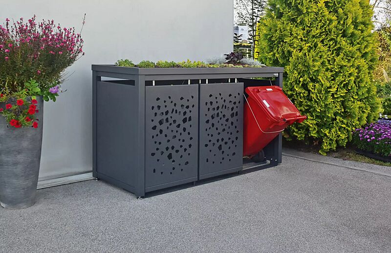 Müllbehälter-Dreifachschrank STYLEOUT® TOMO mit Pflanzdach, Dachbegrünung (bauseits), Aluminiumkonstruktion in RAL 7016 anthrazitgrau