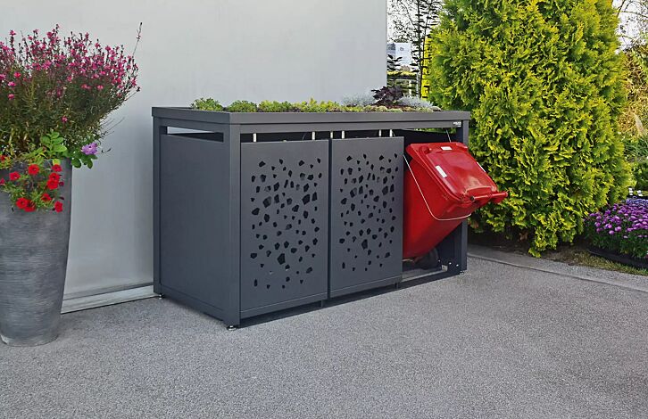 <div id=""container"" class=""container"">Müllbehälter-Dreifachschrank STYLEOUT® TOMO mit Pflanzdach, Dachbegrünung (bauseits), Aluminiumkonstruktion in RAL 7016 anthrazitgrau</div>