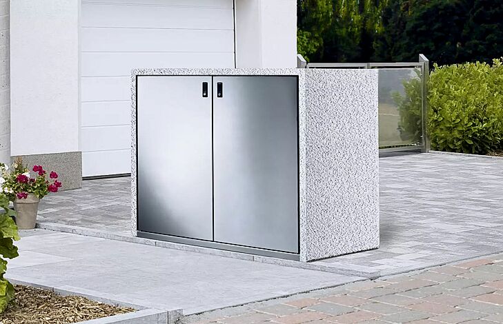 Müllbehälter-Doppelschrank SWANLEY, Korpus Sichtbeton gewaschen in eisgrau, Türen aus Edelstahl