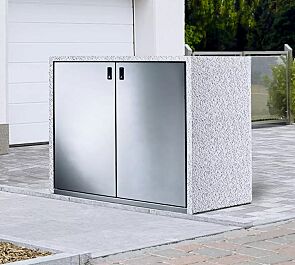 Müllbehälter-Doppelschrank SWANLEY, Korpus Sichtbeton gewaschen in eisgrau, Türen aus Edelstahl