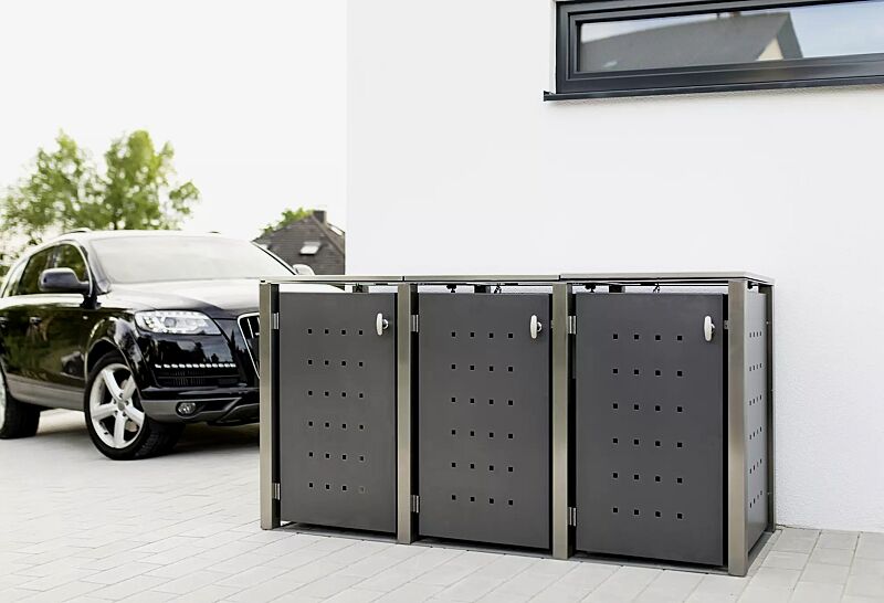 muellbehaelterschrank-torrance__shoKAT0052061 Müllbehälter-Dreifachschrank TORRANCE, komplett aus Edelstahl, Türen zusätzlich auftragsbezogen in anthrazit gepulvert.