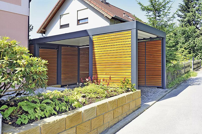 multiport-car__shoKAT0029450 MULTIPORT® Car mit auftragsbezogener Anpassung (Anbau), Wandelemente und Schiebetür mit Holzbelattung Douglasie, lasiert, Stahlkonstruktion in RAL 7016 anthrazitgrau