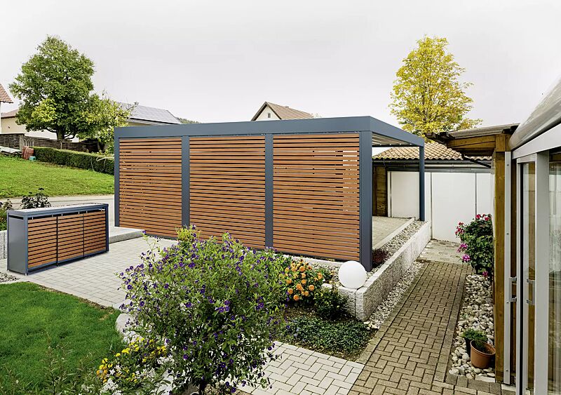 multiport-car__shoKAT0055233 MULTIPORT® Car, Dachbreite x Dachtiefe 5970 mm x 5970 mm, Wandelemente aus Aluminium-Profilleisten im Holzdekor Douglasie, Stahlkonstruktion in RAL 7016 anthrazitgrau