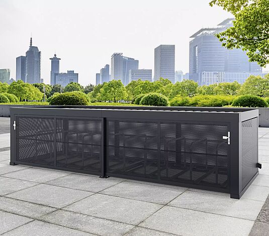 Überdachung MULTIPORT® Rad S, Dachbreite x Dachtiefe 5970 mm x 2253 mm, Rück- / Seitenwände Lochblech, mit Reihenanlage (pro Einheit 10 Stellplätze) mit Anlehnbügeln inkl. Einfahrschiene (Mehrpreis), Stahlkonstruktion in RAL 7016 anthrazitgrau