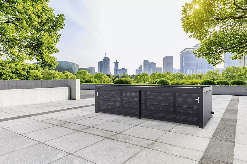 multiport-rad-s__shoKAT0075917 Fahrradgarage MULTIPORT® Rad S, Dachbreite x Dachtiefe 5970 mm x 2253 mm, Rück- / Seitenwände Lochblech, mit Reihenanlage (pro Einheit 10 Stellplätze) mit Anlehnbügeln inkl. Einfahrschiene (Mehrpreis), Stahlkonstruktion in RAL 7016 anthrazitgrau