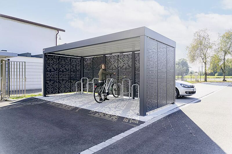 multiport-rad__shoKAT0067818 MULTIPORT® Rad, Dachbreite 5970 mm x Dachtiefe 2580 mm, Rück-/Seitenwände mit Lochblech "Drops", LED-Beleuchtung, Fahrradparker MISSOURI, Stahlkonstruktion in RAL 7016 anthrazitgrau