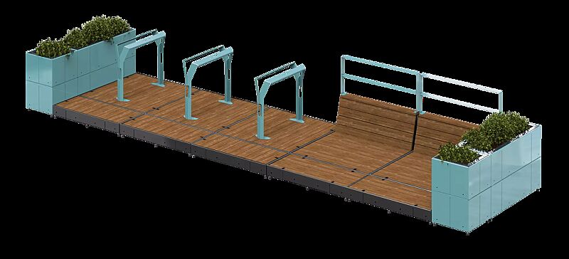 Parklet NURMES bestehend aus 2 Modulen mit Pflanzbehältern, 3 Modulen mit Anlehnbügeln und 2 Modulen mit Geländern, in RAL 6027 lichtgrün