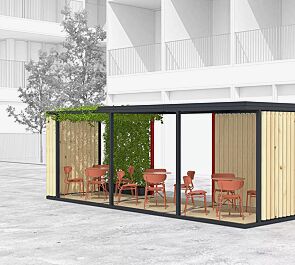 Pavillon CUBY MEET zum Aufdübeln bei +/- 0 mm, auftragsbezogene Anpassung, Dachbreite x Dachtiefe 6600 mm x 2200 mm, Wandelemente aus senkrechten Holzlamellen, Stahlkonstruktion in RAL 7016 anthrazitgrau und RAL 3016 korallenrot, Möblierung bauseits
