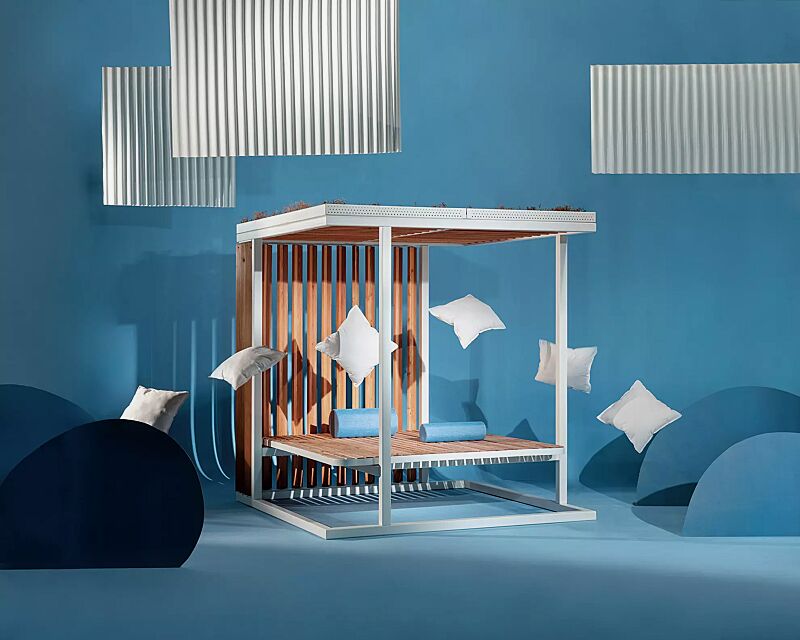 Pavillon CUBY DREAM zum Aufdübeln bei +/- 0 mm, Dachbreite x Dachtiefe 2200 mm x 2200 mm, Dacheindeckung vorbereitet für Dachbegrünung, Wandfüllung mit Holzjalousie, Liegefläche aus Holz, Stahlkonstruktion in RAL 9010 reinweiß