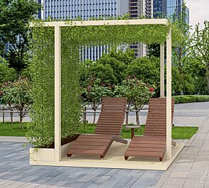 Pavillon CUBY REST zum Aufdübeln bei +/- 0 mm, Dachbreite x Dachtiefe 2200 mm x 2200 mm, Dach mit Rankseile, Wandelemente mit Rankehilfen aus Edelstahl inkl. Pflanzbehälter, Stahlkonstruktion in RAL 1013 perlweiß bzw. RAL 8024 beigebraun, Liegebänke mit Jatobaholzbelattung sowie Tisch in RAL 8024 beigebraun gegen Mehrpreis