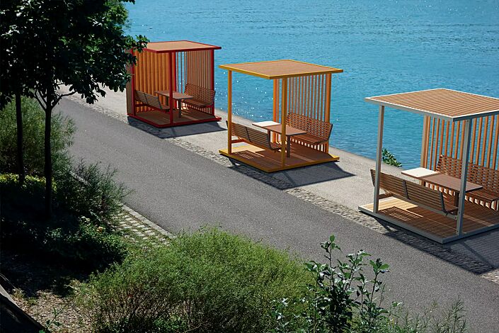 Pavillon CUBY SNACK zum Aufdübeln bei +/- 0 mm, Dachbreite x Dachtiefe 2200 mm x 2200 mm, Dacheindeckung und Wandelemente aus Holzlamellen, Stahlkonstruktion in RAL 3020 verkehrsrot, RAL 1021 rapsgelb und RAL 7035 lichtgrau, Sitzbänke mit Robinienholzbelattung sowie Tisch mit HPL-Auflage in White 0085 gegen Mehrpreis