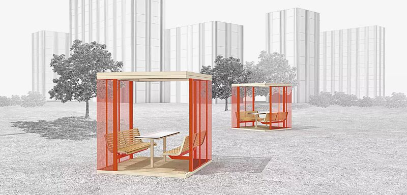Pavillon CUBY SNACK zum Aufdübeln bei +/- 0 mm, Dachbreite x Dachtiefe 2200 mm x 2200 mm, Wandelemente aus Streckmetallgitter, Stahlkonstruktion in RAL 2004 reinorange und RAL 1013 perlweiß, Sitzbänke mit Robinienholzbelattung sowie Tisch mit HPL-Aufla...