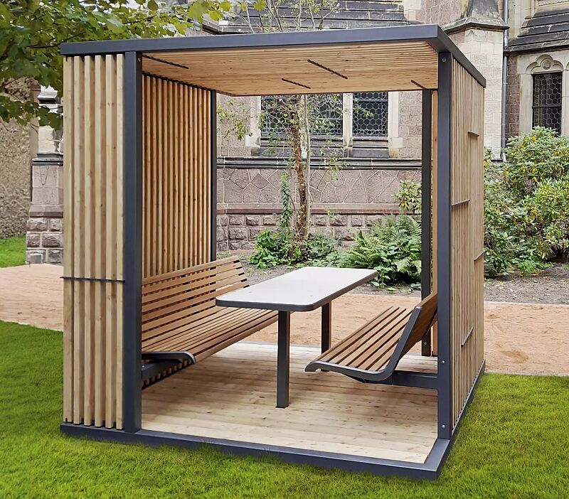 Pavillon CUBY SNACK zum Aufdübeln bei +/- 0 mm, Dachbreite x Dachtiefe 2200 mm x 2200 mm, Dach- / Wandelemente aus Lärchenholz, Stahlkonstruktion in DB 703 eisenglimmer, Sitzbänke mit Robinienholzbelattung sowie Tisch mit HPL-Auflage in White 0085 gege...