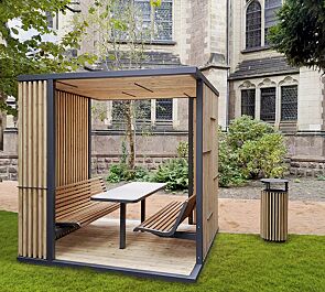 Pavillon CUBY SNACK zum Aufdübeln bei +/- 0 mm, Dachbreite x Dachtiefe 2200 mm x 2200 mm, Dach- / Wandelemente aus Lärchenholz, Stahlkonstruktion in DB 703 eisenglimmer, Sitzbänke mit Robinienholzbelattung sowie Tisch mit HPL-Auflage in White 0085 gegen Mehrpreis