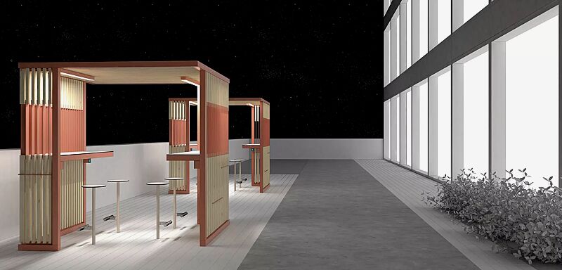 pavillon-cuby-study__shoKAT0072864 Pavillon CUBY STUDY zum Aufdübeln bei -200 mm, Dachbreite x Dachtiefe 2200 mm x 2200 mm, Dacheindeckung und Wandelemente aus Holzlamellen mit im Sichtfeld versetzten Stahllamellen und zwei Tischen mit HPL-Auflage in White 0085 und je vier USB-Anschlüss...