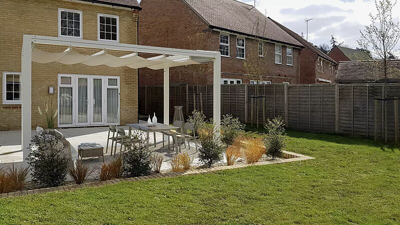 pergola-pesaro__shoKAT0075423 Pergola PESARO, Dachbreite x Dachtiefe 3000 mm x 4000 mm, lichtundurchlässiges PVC-Tuch champagner, Aluminiumkonstruktion in weiß