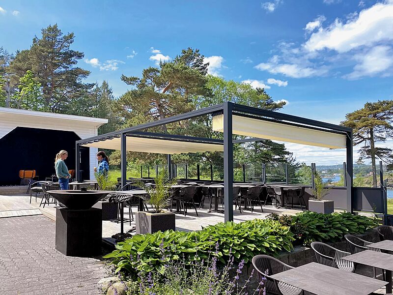 pergola-pesaro__shoKAT0075427 Pergola PESARO inklusive zusätzlichem Anbaumodul, Dachbreite x Dachtiefe 3000 mm x 6000 mm, lichtundurchlässiges PVC-Tuch champagner, Aluminiumkonstruktion in DB 703 eisenglimmer