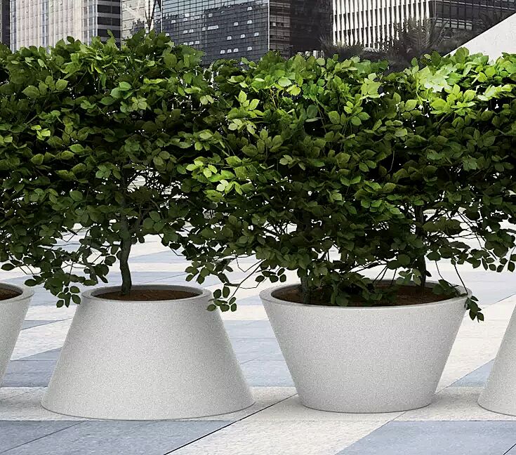 Pflanzbehälter CONICS, Ø 760 und 1250 mm, HPC-Beton in hellgrau