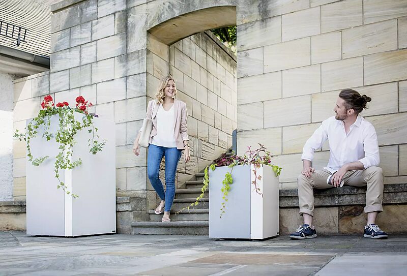 Pflanzbehälter DUO, quadratisch, Höhe 1300 mm und Höhe 620 mm, in RAL 9007 graualuminium und RAL 9010 signalweiß