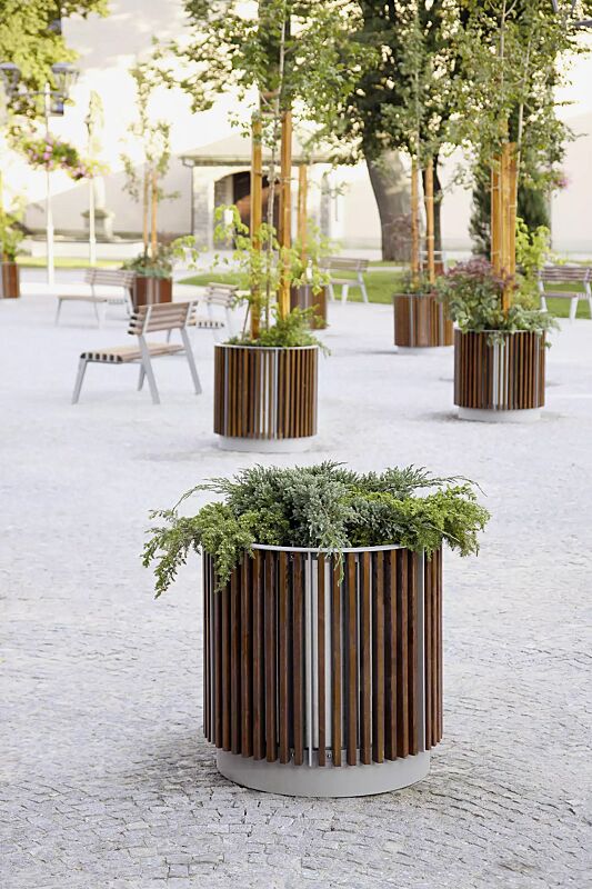 pflanzbehaelter-florium__shoKAT0025086 Pflanzbehälter FLORIUM, rund, mit Jatobaholzbelattung, Stahlteile in RAL 9006 weißaluminium