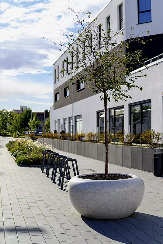 pflanzbehaelter-giove__shoKAT0075386 Pflanzbehälter GIOVE aus Beton geschliffen, in Granitoptik weiß sowie Anlehnbügel ELK und Abfallbehälter CIMA