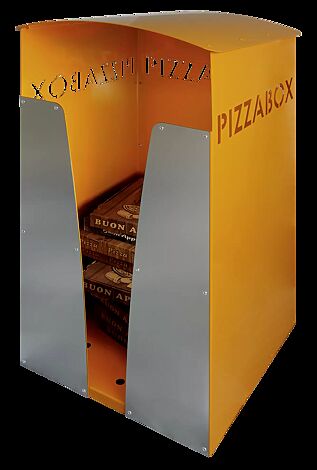 Pizzabox-Abfallbehälter SEATON, Dekorblende Edelstahl, Stahlteile in RAL 2000 gelborange