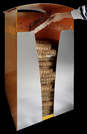 Pizzabox-Abfallbehälter SEATON, Dekorblende Edelstahl, Stahlteile in RAL 2000 gelborange